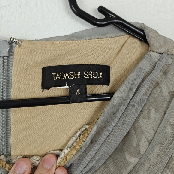 Tadashi Shoji Silk Chiffon Ruched Lace Sheath Dress Women's Size 4 Gray Formal - Picture 6 of 10